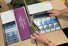 Scottish Illicit Tobacco Team seizes over half a million cigarettes Boxes filled with illicit cigarettes as a person examines the contents inside.