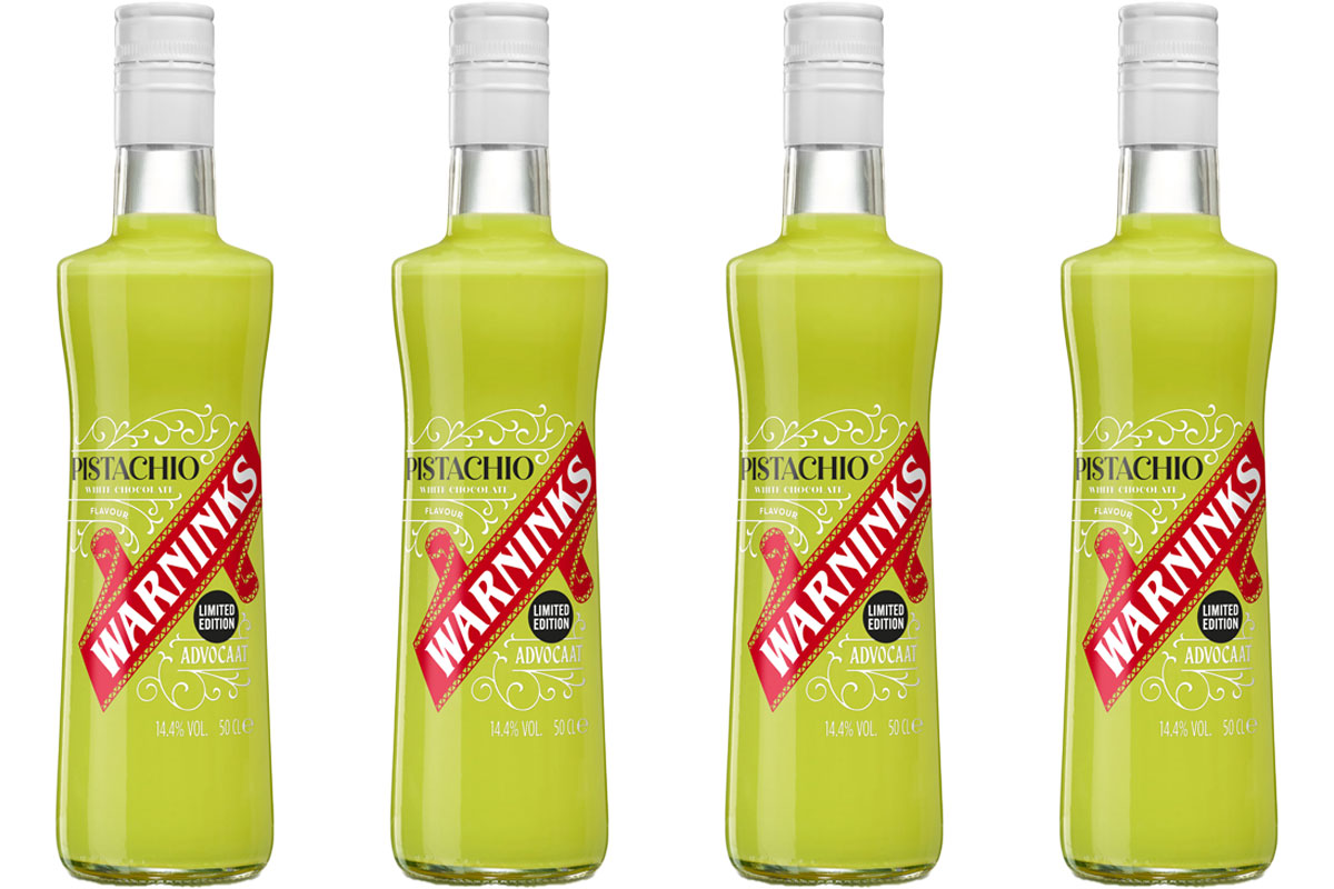 Pack shots of Warninks Pistachio White Chocolate liqueur.
