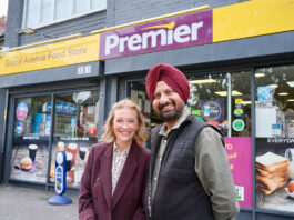 National Lottery retailers raise over £10billion for Good Causes Kulijt Athwal, owner of Premier Grand Avenue Stories in Cardiff, and actress Joanna Page stand outside the Premier store.