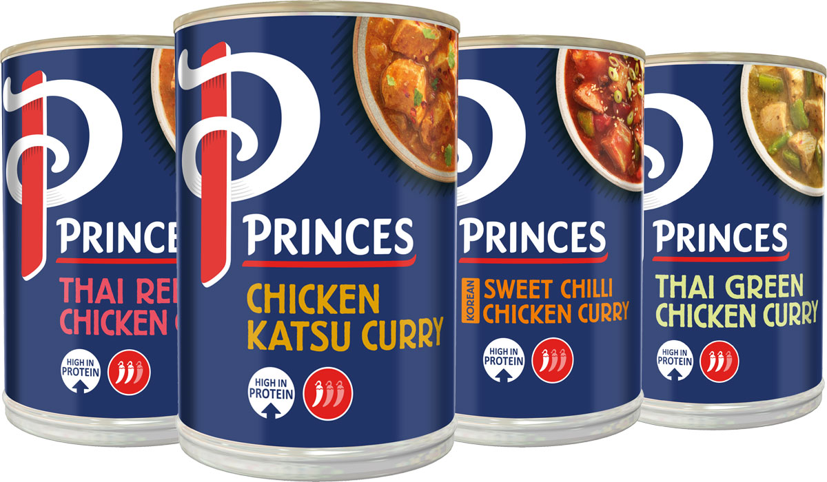Pack shots of Princes tinned curry range including Thai Red Chicken Curry, Chicken Katsu Curry, Sweet Chilli Chicken Curry and Thai Green Chicken Curry.