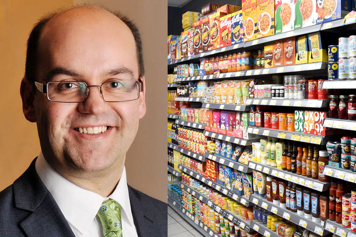 A head shot of David Lonsdale, director at the Scottish Retail Consortium, is next to an image of a store's shelves with a range of ambient goods on them.