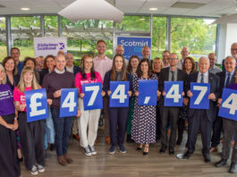 Scotmid marks landmark fundraising for Alzheimer charities Members of the Scotmid Co-op and Alzheimer Scotland teams stand together holding signs that read £474,474 to highlight the fundraising the retail chain has made for the charity.