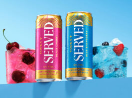 Served rolls out Vodka+ range across Booker Cans of Served Vodka+ stand on a blue table against a blue background with the drinks poured out into glasses next to them with pieces of fruit inside.