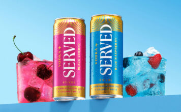 Served rolls out Vodka+ range across Booker Cans of Served Vodka+ stand on a blue table against a blue background with the drinks poured out into glasses next to them with pieces of fruit inside.
