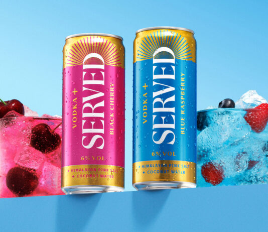 Served rolls out Vodka+ range across Booker Cans of Served Vodka+ stand on a blue table against a blue background with the drinks poured out into glasses next to them with pieces of fruit inside.
