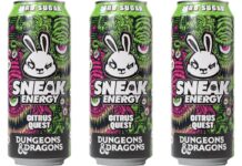 Sneak Energy partners with Dungeons & Dragons on new Beholder variant Pack shots of Sneak Energgy Citrus Quest Dungeons & Dragons cans.