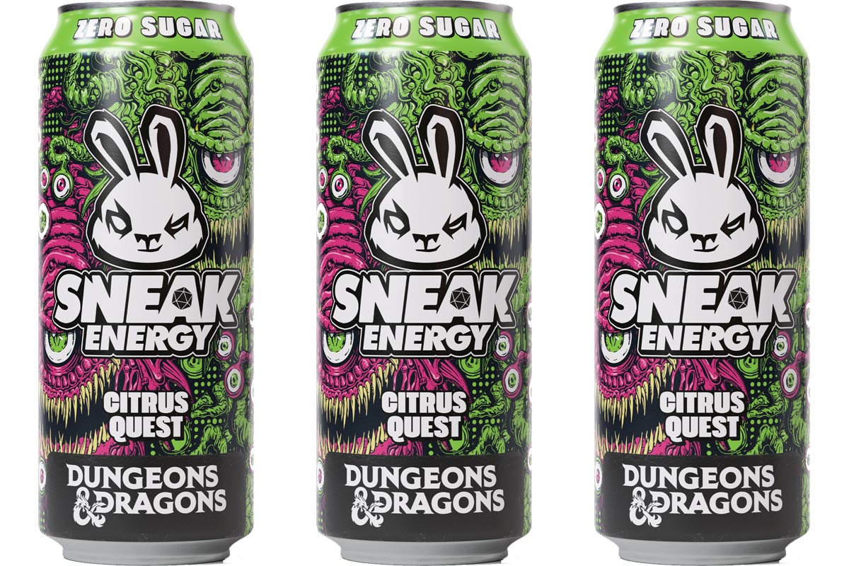 Pack shots of Sneak Energgy Citrus Quest Dungeons & Dragons cans.