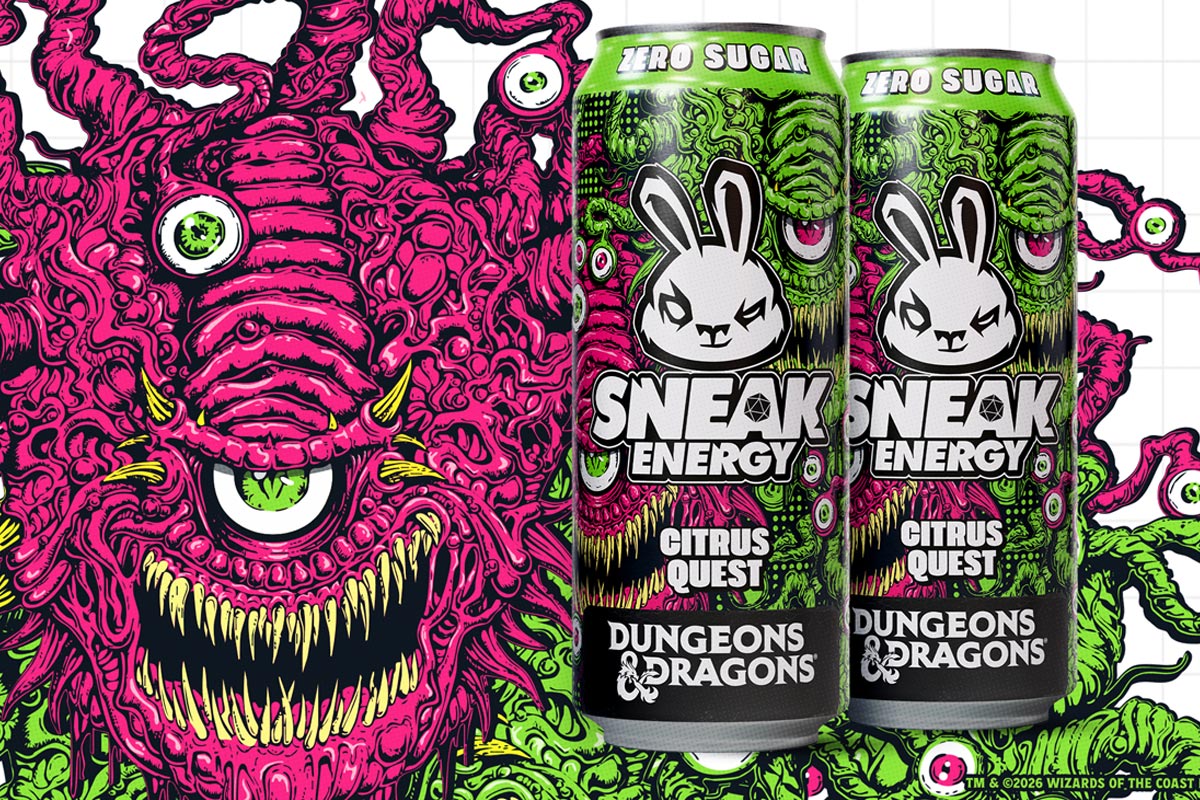 Promotional image of the Sneak Energy collaboration with Dungeons & Dragons featuring designs of the RPG's Beholder monster as well as pack shots of the cans.