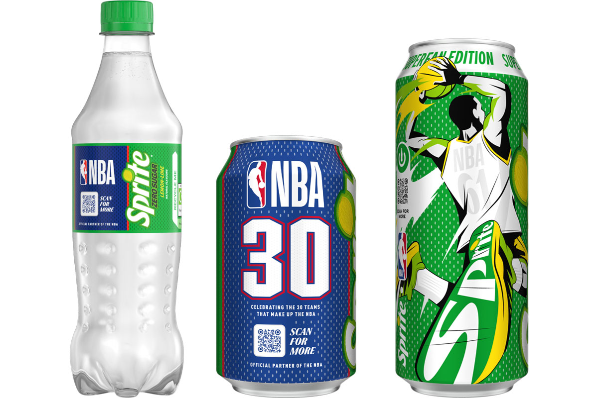 Pack shots of Sprite with the NBA partnership across its 330ml can, 500ml can and 500ml bottle packs.