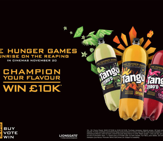 Tango offers £10k prize in new Hunger Games competition An advert for the collaboration between Tango and The Hunger Games: Sunrise on the Reaping partnership as part of the 'Champion Your Flavour' campaign. The image includes the film's logo alongside pack shots of Tango 2L bottle products.
