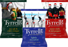 Tyrrell’s unwraps festive look across packs Pack shots of Tyrrell's Sea Salt & Vinegar, Lightly Sea Salted and Sweet Chilli & Red Pepper crisps in festive packaging for 2026.