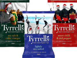 Tyrrell’s unwraps festive look across packs Pack shots of Tyrrell's Sea Salt & Vinegar, Lightly Sea Salted and Sweet Chilli & Red Pepper crisps in festive packaging for 2026.