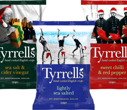 Tyrrell’s unwraps festive look across packs Pack shots of Tyrrell's Sea Salt & Vinegar, Lightly Sea Salted and Sweet Chilli & Red Pepper crisps in festive packaging for 2026.