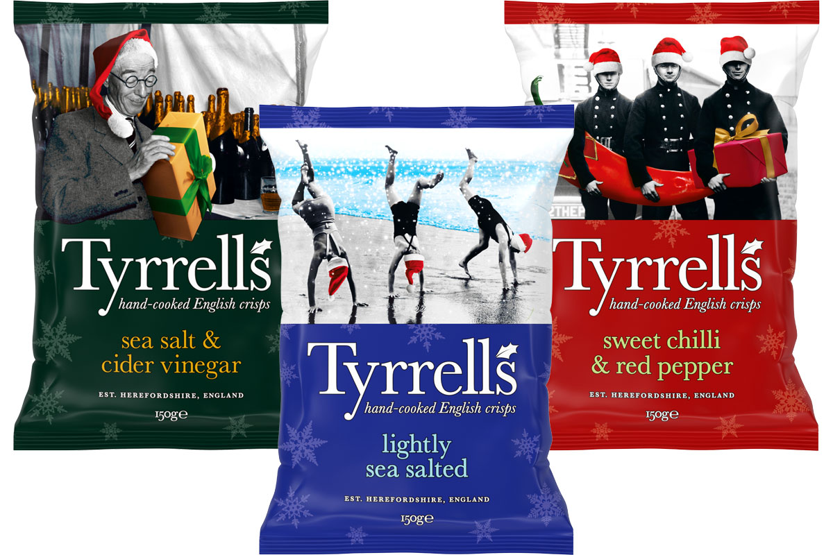 Pack shots of Tyrrell's Sea Salt & Vinegar, Lightly Sea Salted and Sweet Chilli & Red Pepper crisps in festive packaging for 2026.