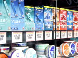 Industry voices concerns over vaping display consultation A cabinet with vape devices inside it.