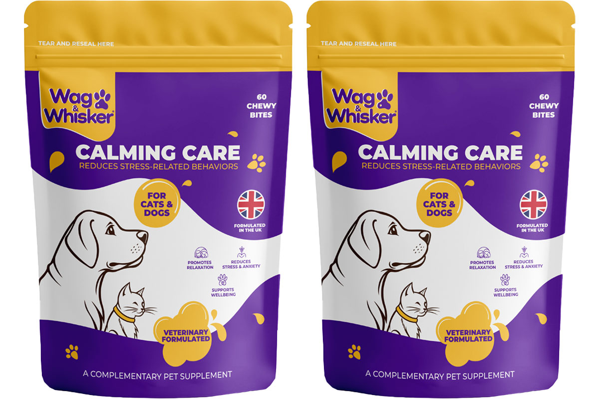 Pack shots of Wag & Whisker Calming Care Supplement.