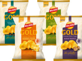 Walkers Gold introduces four new premium flavours Pack shots of Walkers Gold Somerset Mature Cheddar & Onion, Sea Salt & Olive Oil, Cider Vinegar & Sea Salt and Black Truffle.