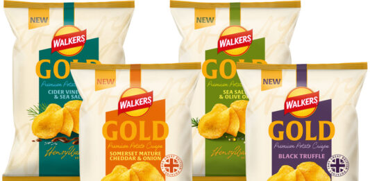 Walkers Gold introduces four new premium flavours Pack shots of Walkers Gold Somerset Mature Cheddar & Onion, Sea Salt & Olive Oil, Cider Vinegar & Sea Salt and Black Truffle.