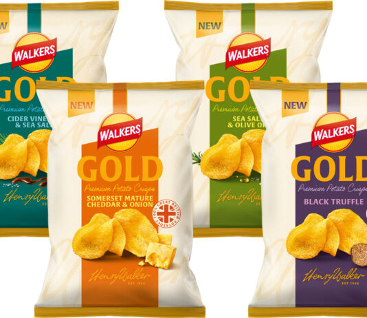 Walkers Gold introduces four new premium flavours Pack shots of Walkers Gold Somerset Mature Cheddar & Onion, Sea Salt & Olive Oil, Cider Vinegar & Sea Salt and Black Truffle.