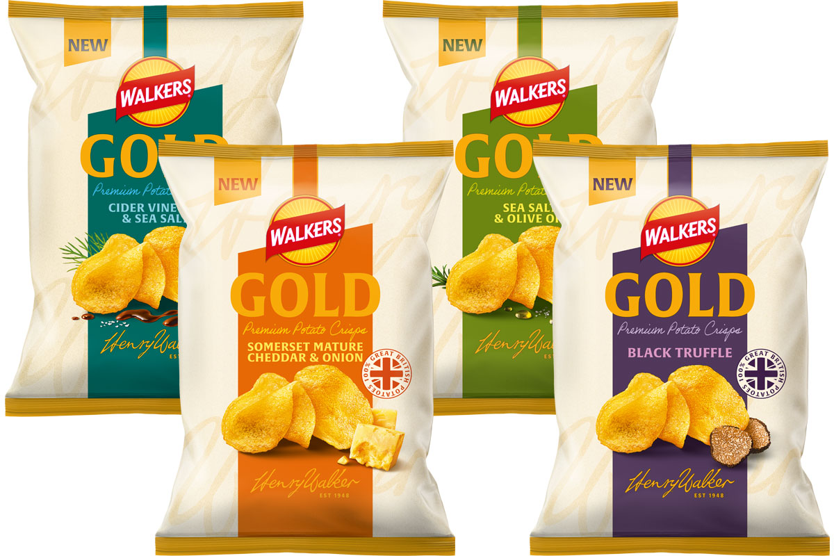 Pack shots of Walkers Gold Somerset Mature Cheddar & Onion, Sea Salt & Olive Oil, Cider Vinegar & Sea Salt and Black Truffle.