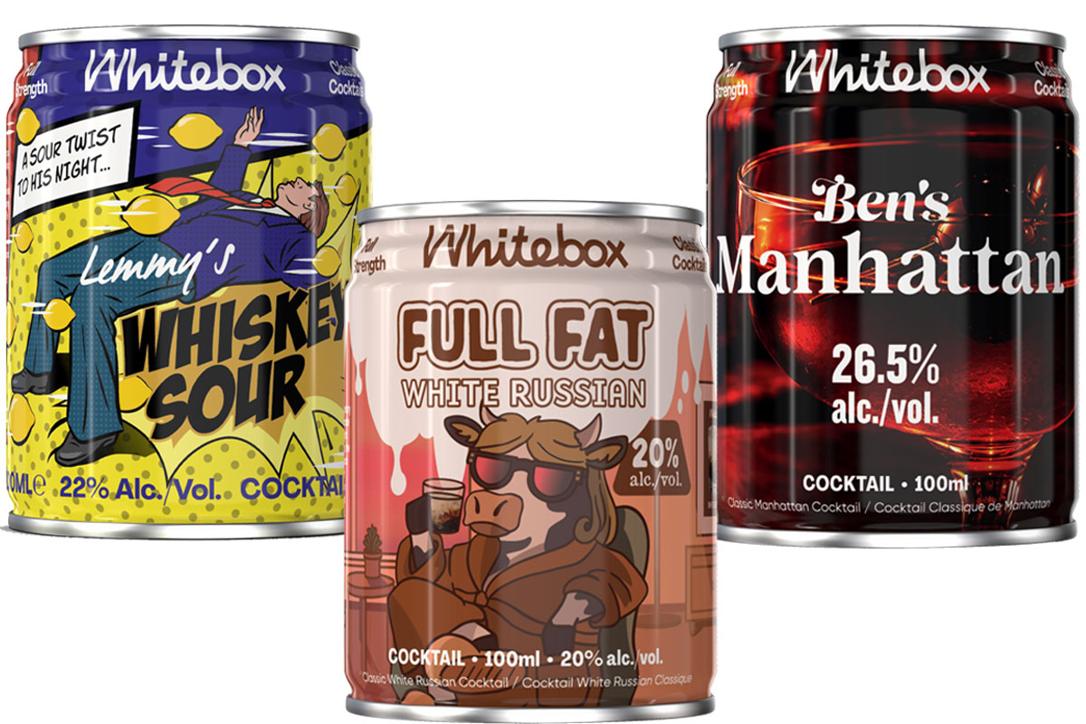 Pack shots of Whitebox Cocktails Lenny's Whisky Sour, Full Fat White Russian and Ben's Manhattan.