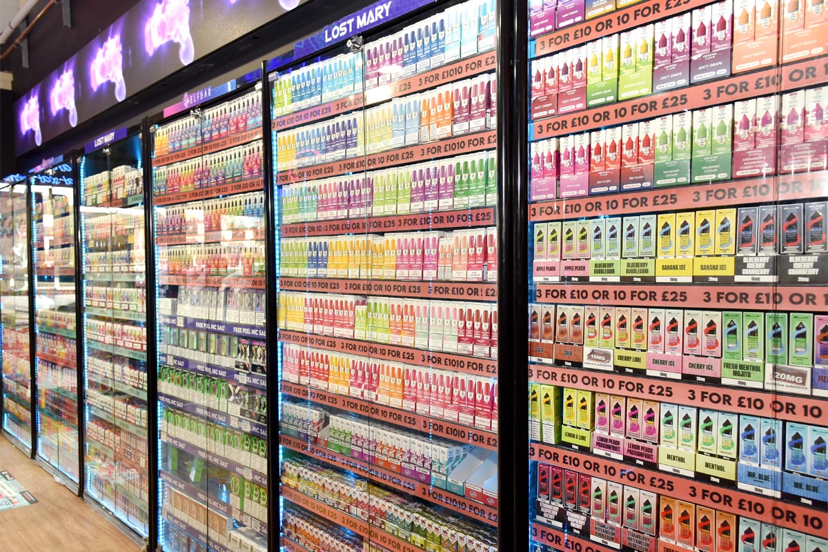 A vapes cabinet display with an expansive range of options.