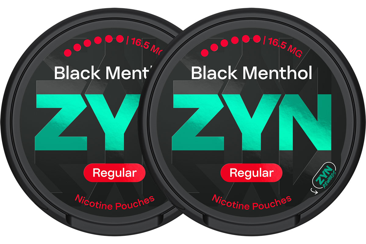 Pack shots of ZYN Black Menthol 16.5mg nicotine pouches.